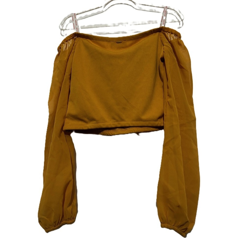 Guess Jenner Off-shoulder Mustard Yellow Blouse Small‎ Long Sleeve Crop Top - Picture 3 of 3